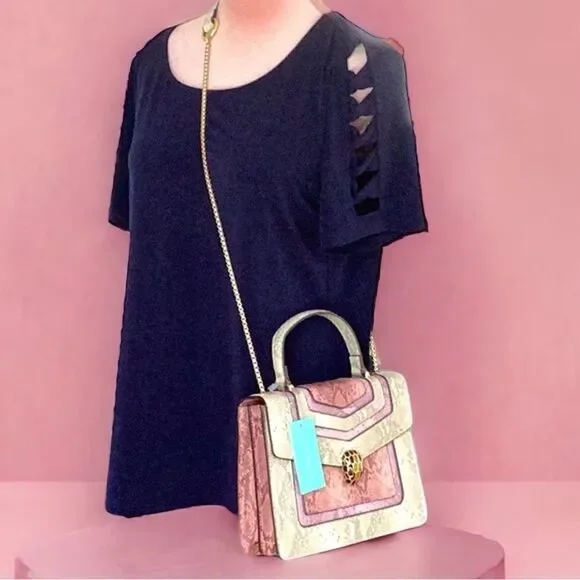 CHRISBELLA NWT CROSSBODY SATCHEL HANDBAG Pink PURPLE SNAKE Leather - Picture 2 of 10